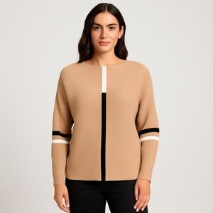 Northern Angel Tan Black White Striped Knit Sweater Top Size L Modern‎ Chic